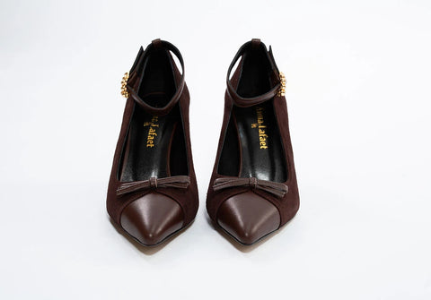 Pantofi eleganți din piele cu baretă, toc evazat și fundiță decorativă