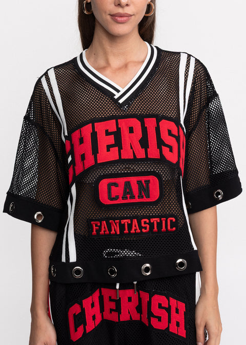 Tricou Cherish din plasa cu decolteu in V si inele metalice