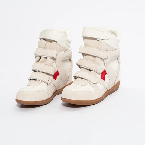 Adidași damă din piele naturală cu platformă ascunsă – Alb crem cu detaliu roșu