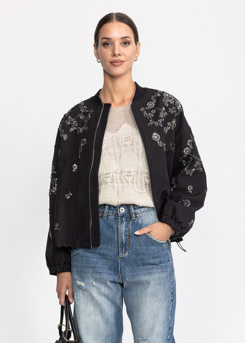 Geaca Bomber decorata cu aplicatii florale de margele
