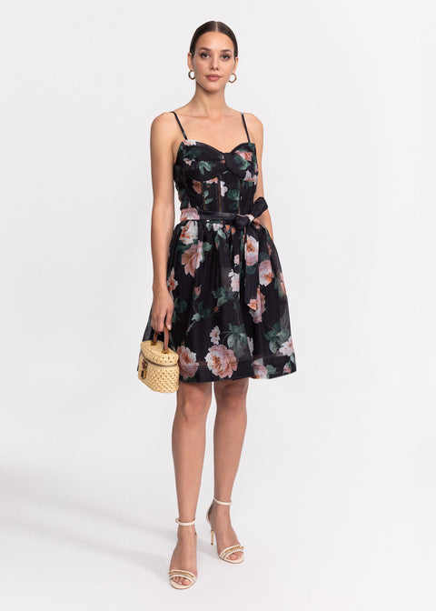 Rochie Scurta cu imprimeu floral, bretele subtiri si cordon pentru talie