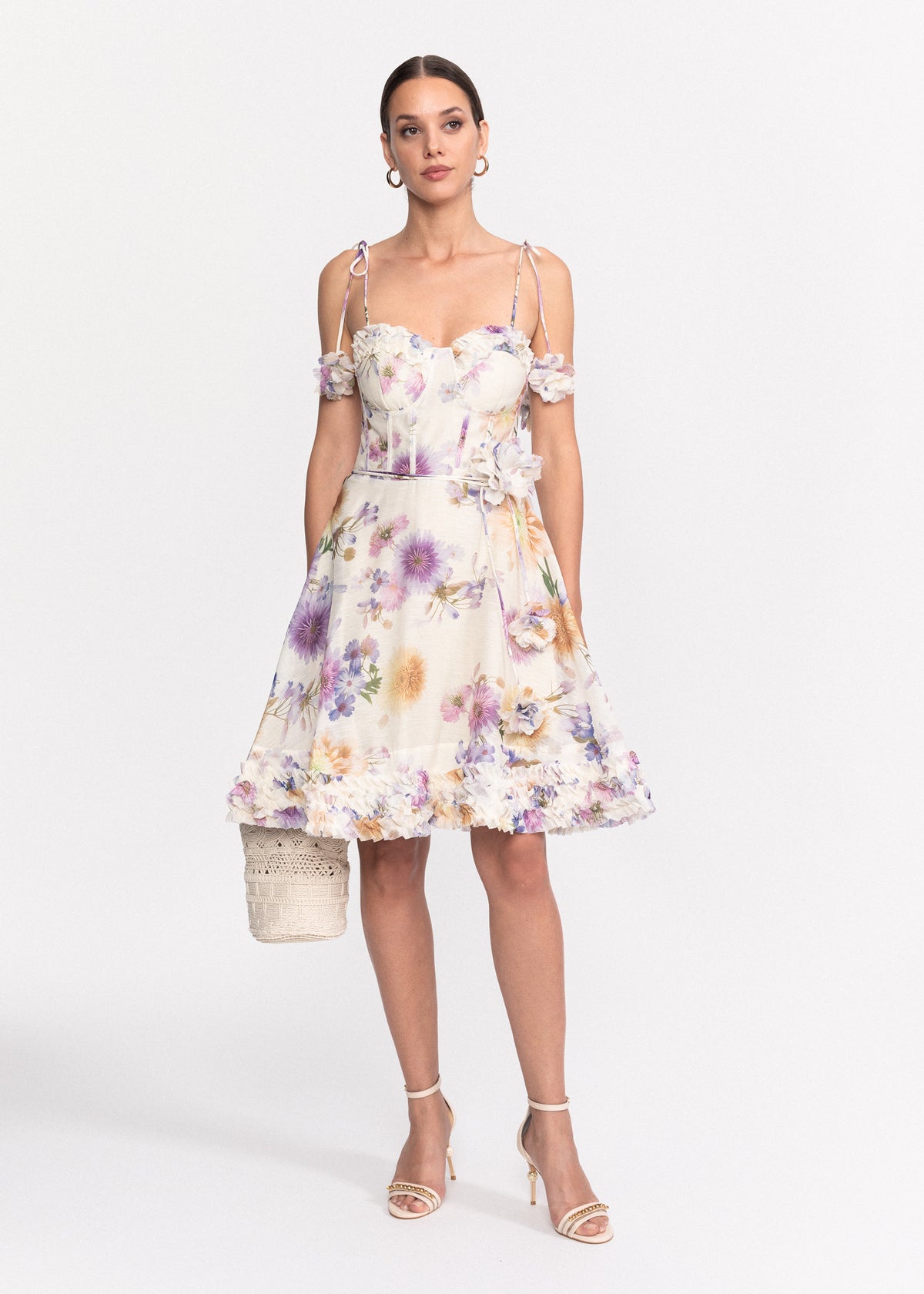 Rochie Scurta cu imprimeu floral si bretele subtiri ajustabile