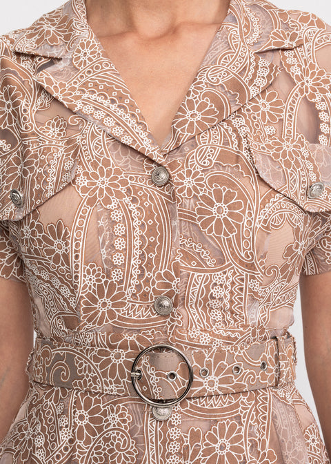 Rochie Midi cu broderie si maneci scurte