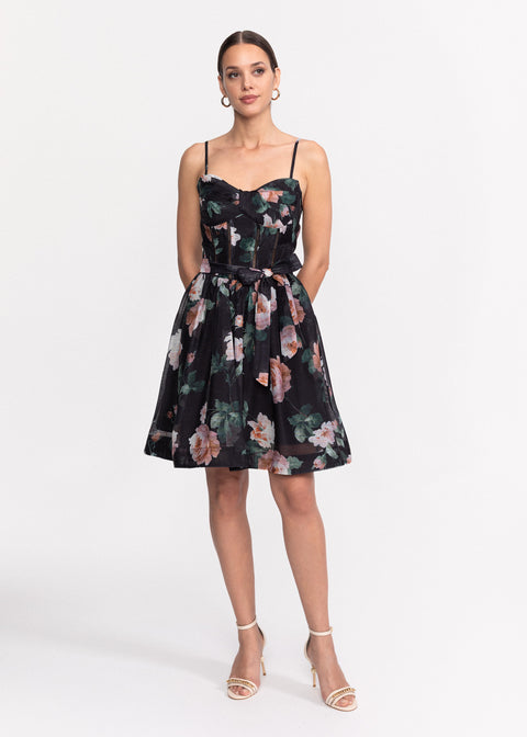 Rochie Scurta cu imprimeu floral, bretele subtiri si cordon pentru talie