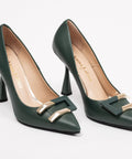 Pantofi damă din piele verde-petrol cu accesoriu auriu, toc 10cm