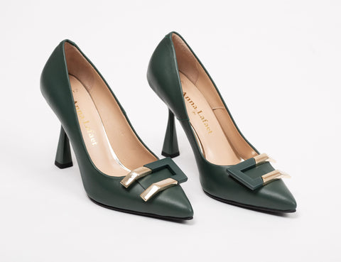 Pantofi damă din piele verde-petrol cu accesoriu auriu, toc 10cm