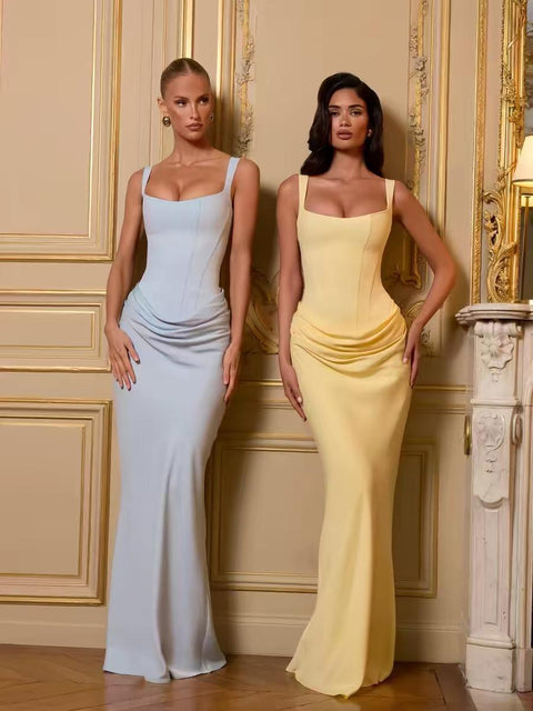 Rochie Lunga din satin cu croiala mulata si drapaje in zona inferioara