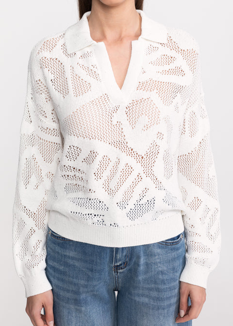 Openwork Textured Polo Sweater