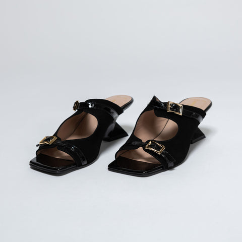 Heeled Mules with Gold Buckles