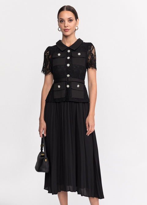 Rochie midi din dantela cu guler clasic si maneci scurte