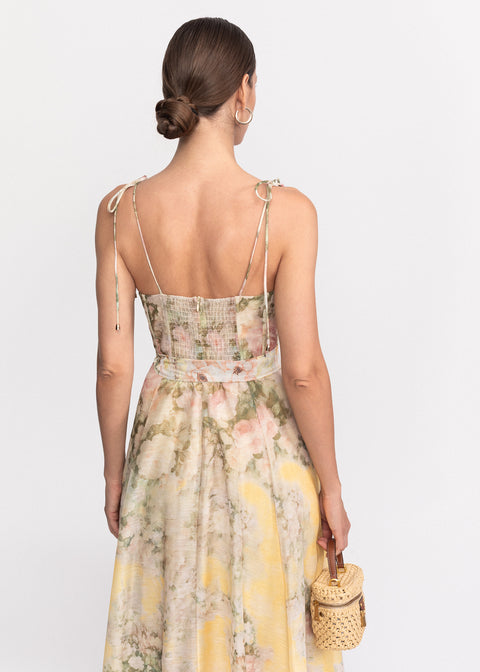 Rochie Midi cu imprimeu floral, bretele subtiri si cordon in talie