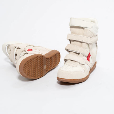 Adidași damă din piele naturală cu platformă ascunsă – Alb crem cu detaliu roșu