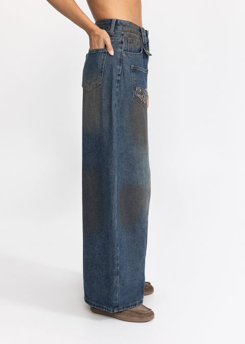 Blugi din denim cu croiala larga si talie inalta 5011