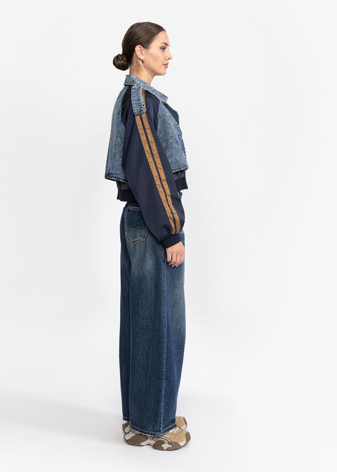 Geaca scurta denim cu maneci contrastante