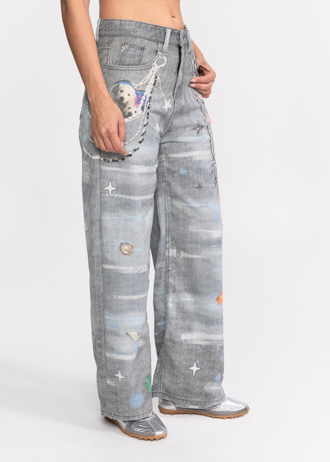 Blugi din denim cu accente decorative lanturi metalice, broderii si motive nautice