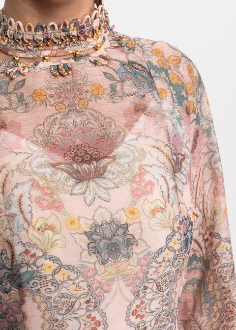 Rochie Midi cu imprimeu floral delicat, croiala ampla si maneci lungi