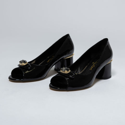 Patent Leather Pumps with Block Heel and Jewel Detail