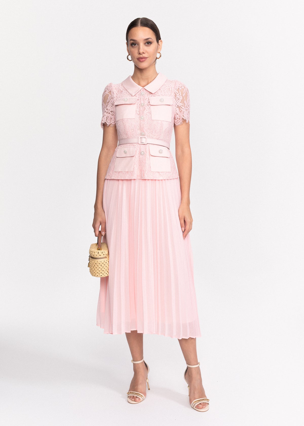 Rochie midi din dantela cu guler clasic si maneci scurte