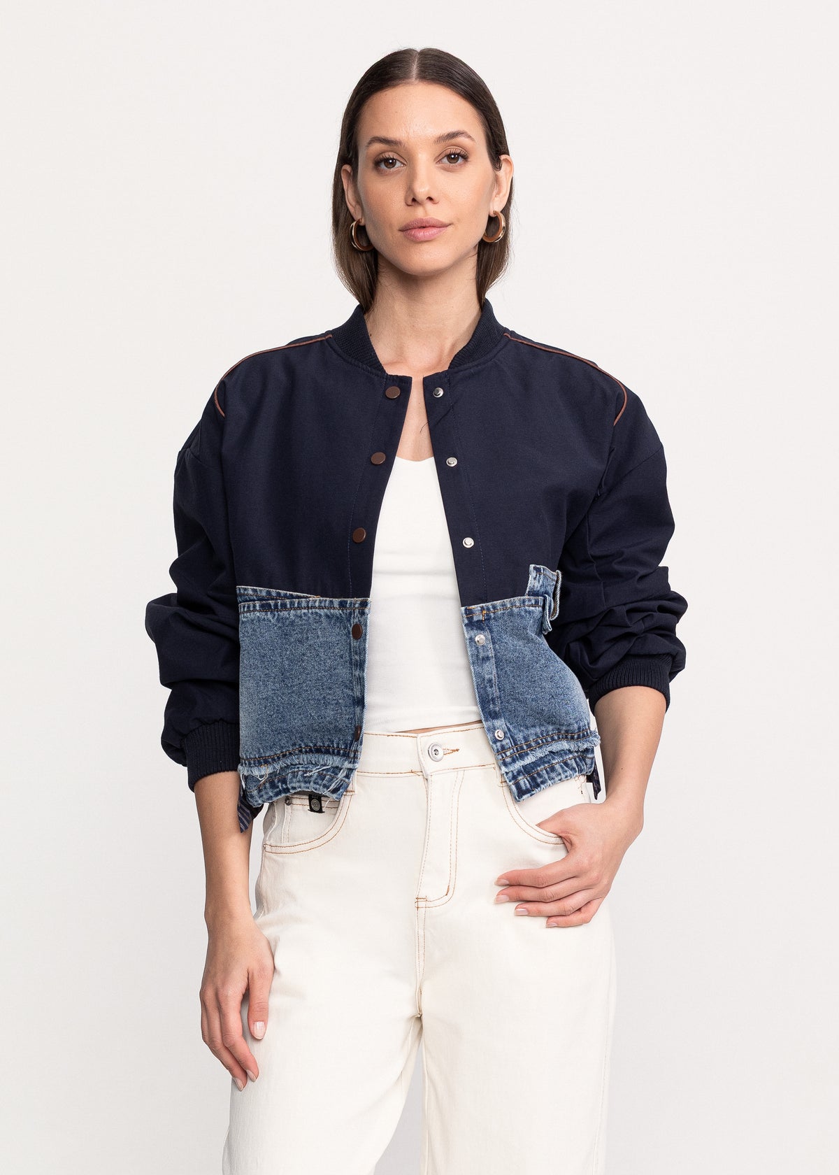 Bomber jacket with denim inserts