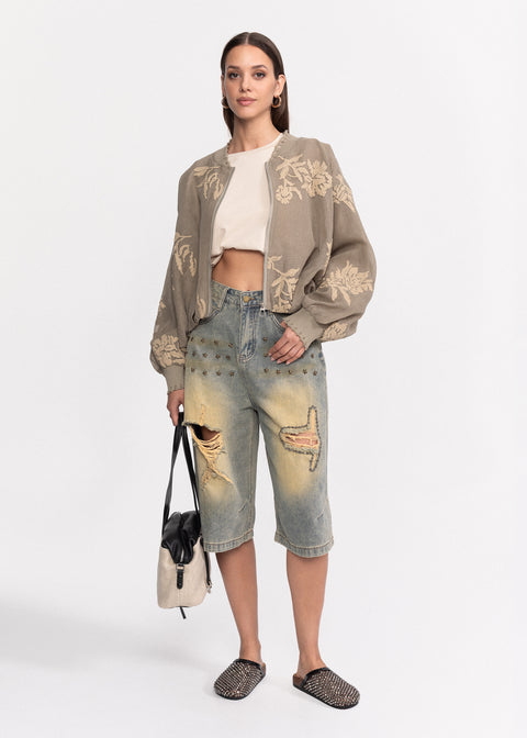 Jacheta bomber cu broderii florale bej
