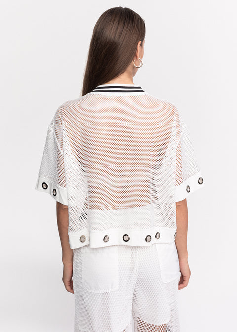 Tricou Cherish din plasa cu decolteu in V si inele metalice