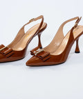 Pantofi maro din lac cu fundă decorativă și toc gros de 8 cm – eleganță retro AnnaLaFaet