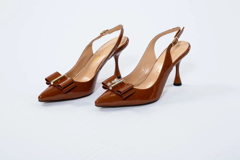 Pantofi maro din lac cu fundă decorativă și toc gros de 8 cm – eleganță retro AnnaLaFaet