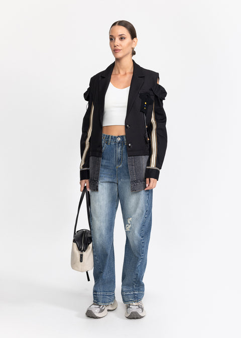 Sacou cu detalii contrastante pe maneci si insertie din denim