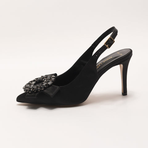 Pantofi stiletto cu toc inalt si brosa decorativa