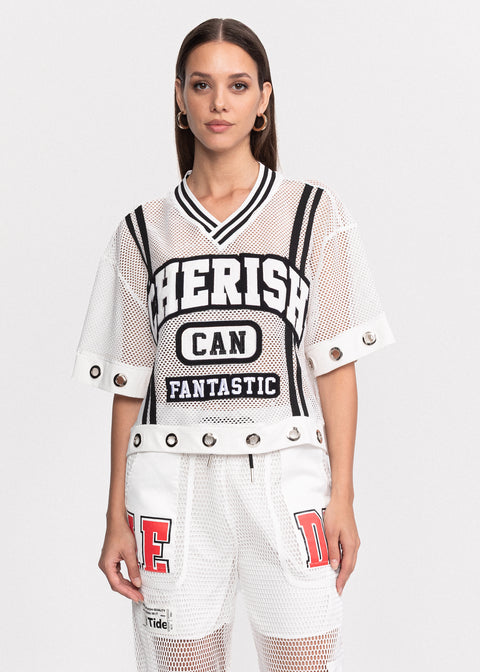 Tricou Cherish din plasa cu decolteu in V si inele metalice