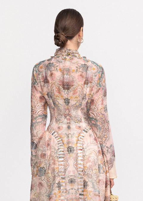 Rochie Midi cu imprimeu floral delicat, croiala ampla si maneci lungi