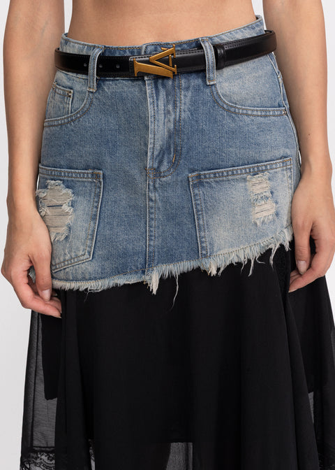 Fusta denim cu croiala stratificata si detalii rafinate