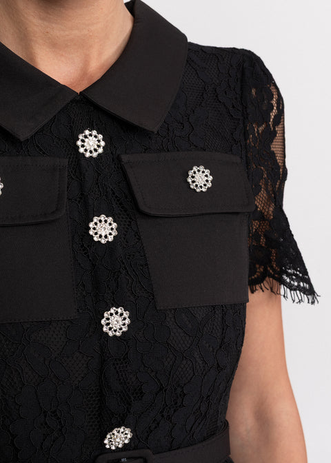 Rochie midi din dantela cu guler clasic si maneci scurte