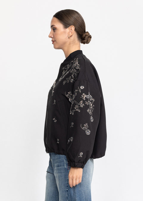 Geaca Bomber decorata cu aplicatii florale de margele