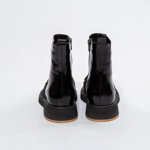 Botine Negre din Piele Lăcuită cu Talpă Groasă