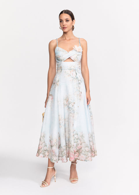 Rochie Midi cu imprimeu floral, decupaj in zona taliei si bretele subtiri