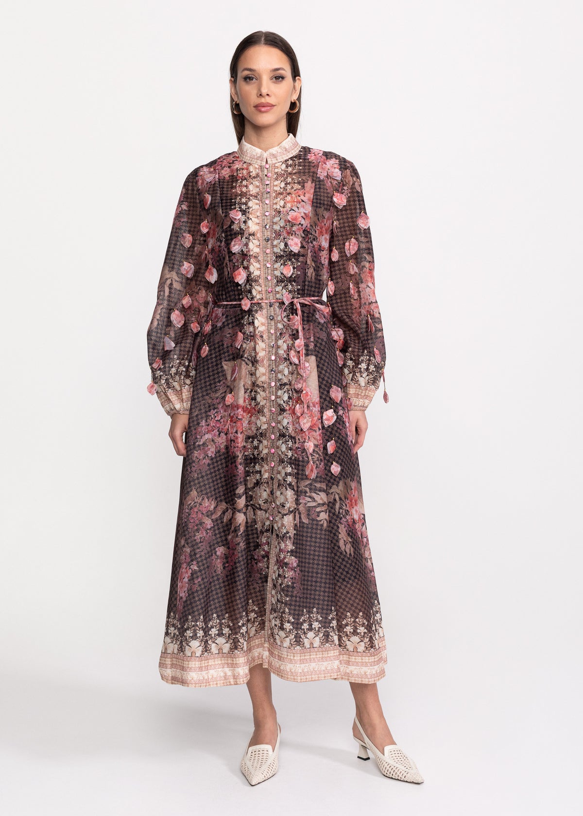 Rochie Midi cu imprimeu floral vintage si cordon in talie