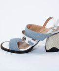 Sandale Annalafaet cu toc gros 7 cm, detalii denim și alb