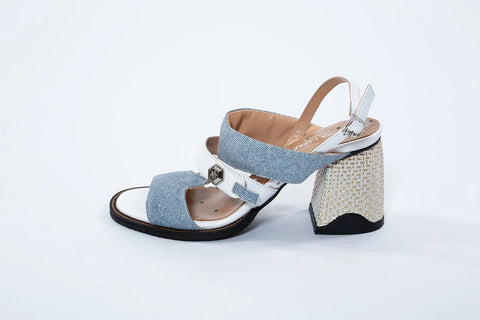 Sandale Annalafaet cu toc gros 7 cm, detalii denim și alb