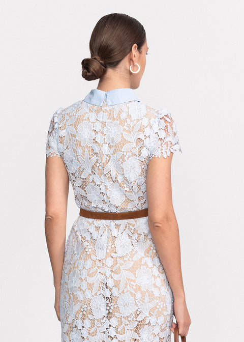 Rochie Midi din dantela cu maneci scurte si guler in V
