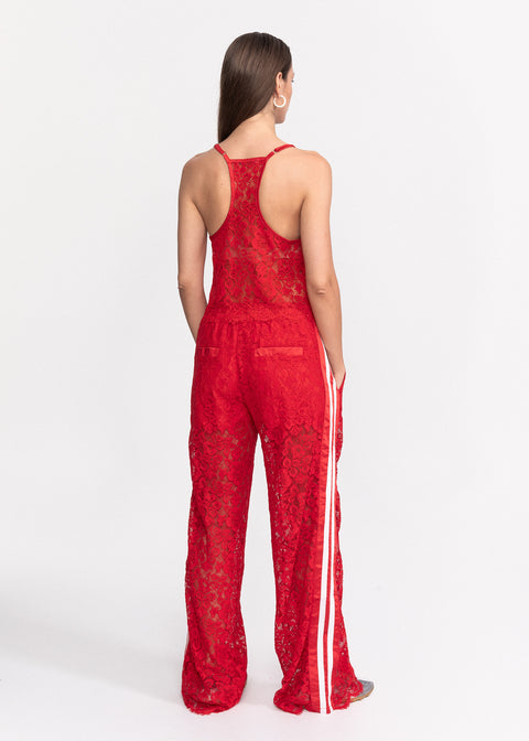 Pantaloni casual din dantela florala rosie