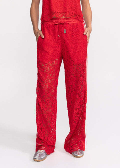 Pantaloni casual din dantela florala rosie