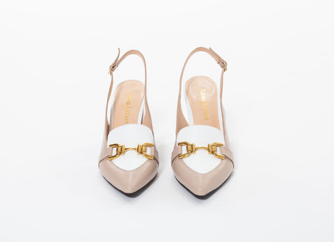 Pantofi din piele naturală nud cu alb accesoriu metal