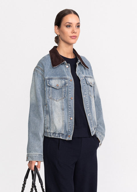 Geaca denim cu guler maro texturat 88296