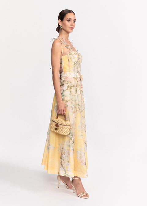 Rochie Midi cu imprimeu floral, bretele subtiri si cordon in talie