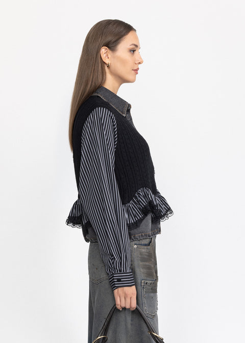 Camasa Denim cu insertie de tricot