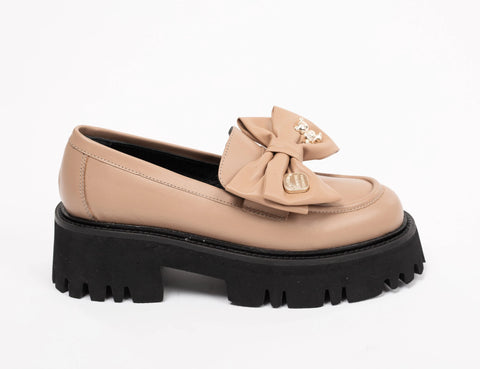Loafers damă capuccino cu funda, din piele naturală, talpa 5 cm