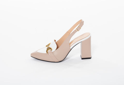 Pantofi din piele naturală nud cu alb accesoriu metal
