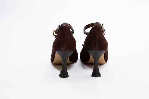 Pantofi eleganți din piele cu baretă, toc evazat și fundiță decorativă
