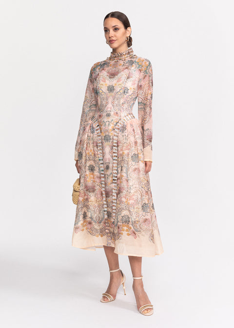 Rochie Midi cu imprimeu floral delicat, croiala ampla si maneci lungi